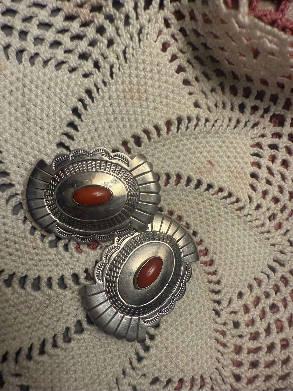 Sterling Silver Coral Oval Southwestern Clip-On Earrings